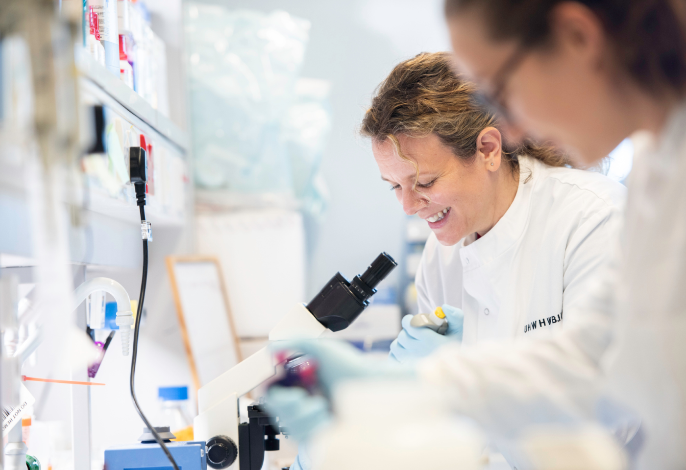Two researchers in a welsh lab